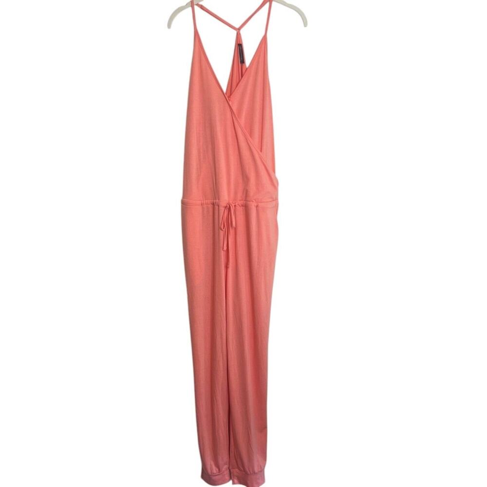 Pretty Garden Womens Jumpsuit Large Coral Knit Strappy Racerback Jogger Hem